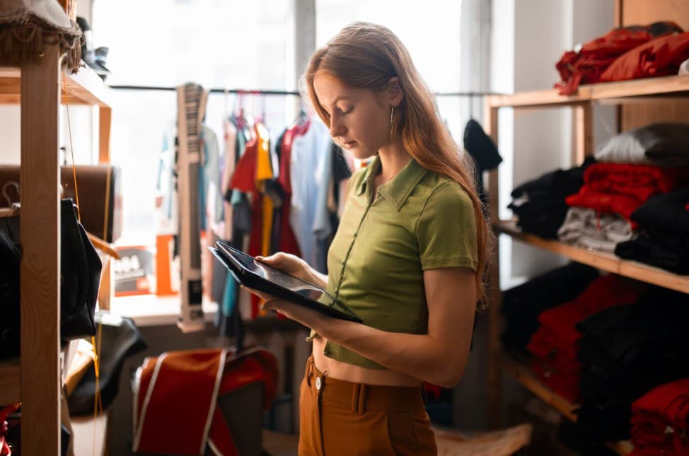 a woman looking at a tablet in a thrift shop