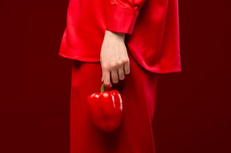 a woman in a red suit holding a red bell pepper