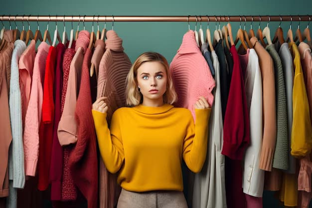 A girl stands in front of a rack with clothes